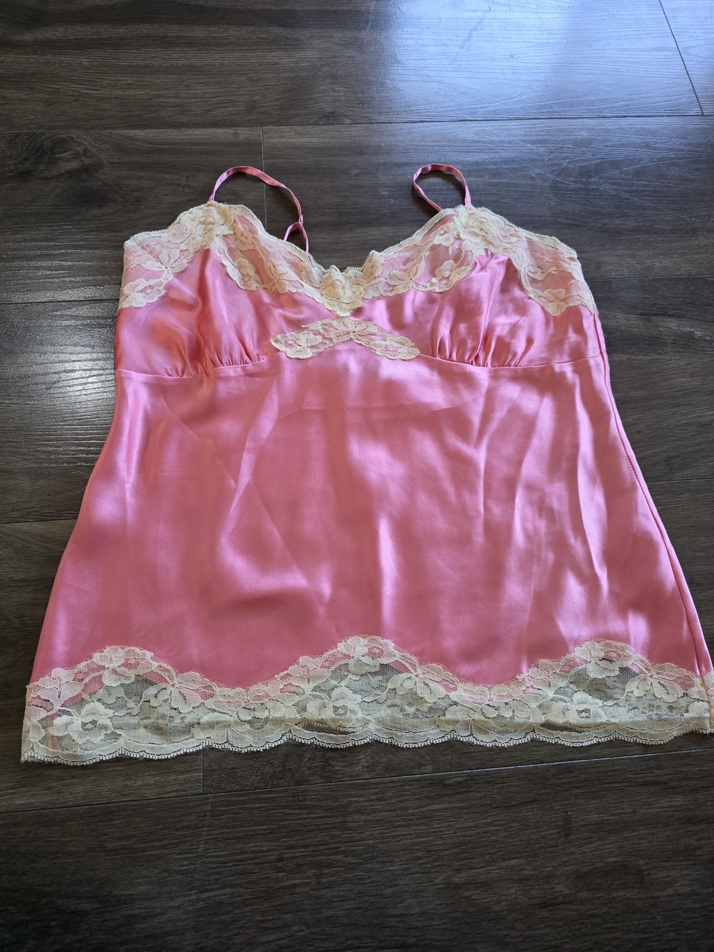 y2k 90s 100% Silk Pink Camisole adj straps Lace-Trim Chemise with Cream Accents